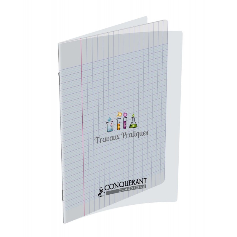 CONQUERANT9 Cahier Travaux Pratique piqûre 17x22 32p Grand Carreaux+32p unies Couverture Polypro incolore