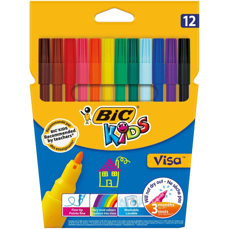 BIC Pochette de 12 feutres à dessin pointes FINES encre lavable CONTE