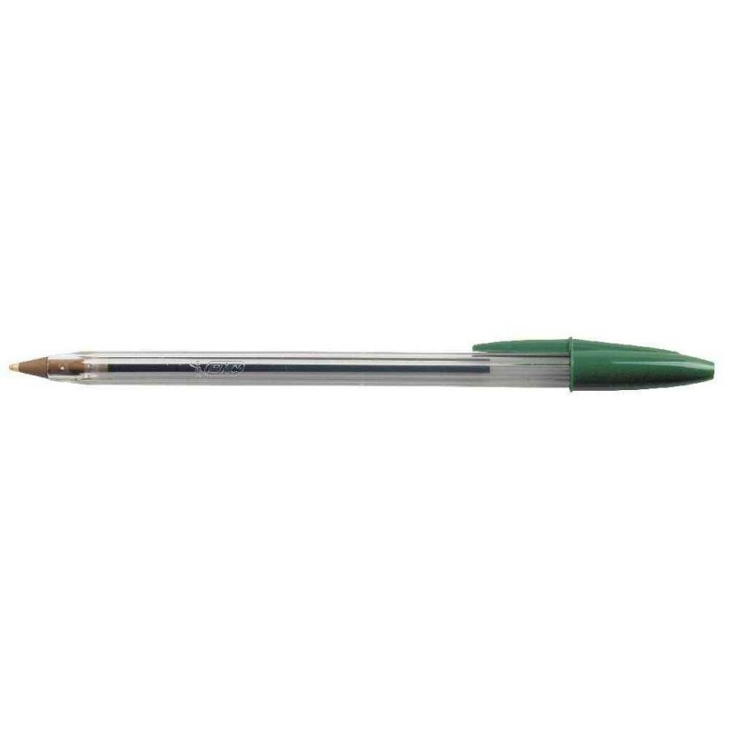 BIC Stylo à bille pointe moyenne encre verte corps plastique transparent à capuchon CRISTAL